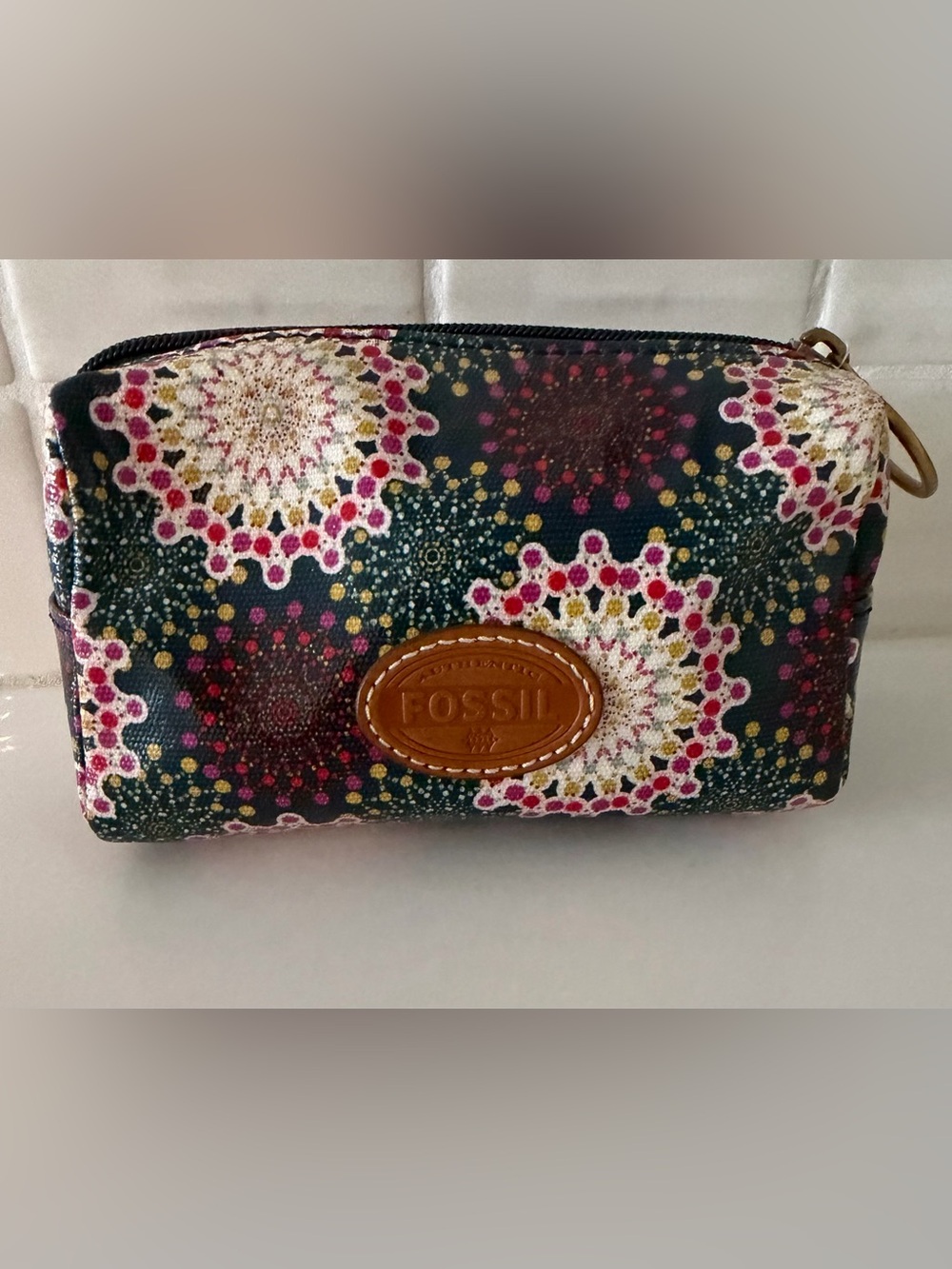 Fossil Coated Kaleidoscope Canvas Small Makeup Pouch/Bag Brass Ring Pull
